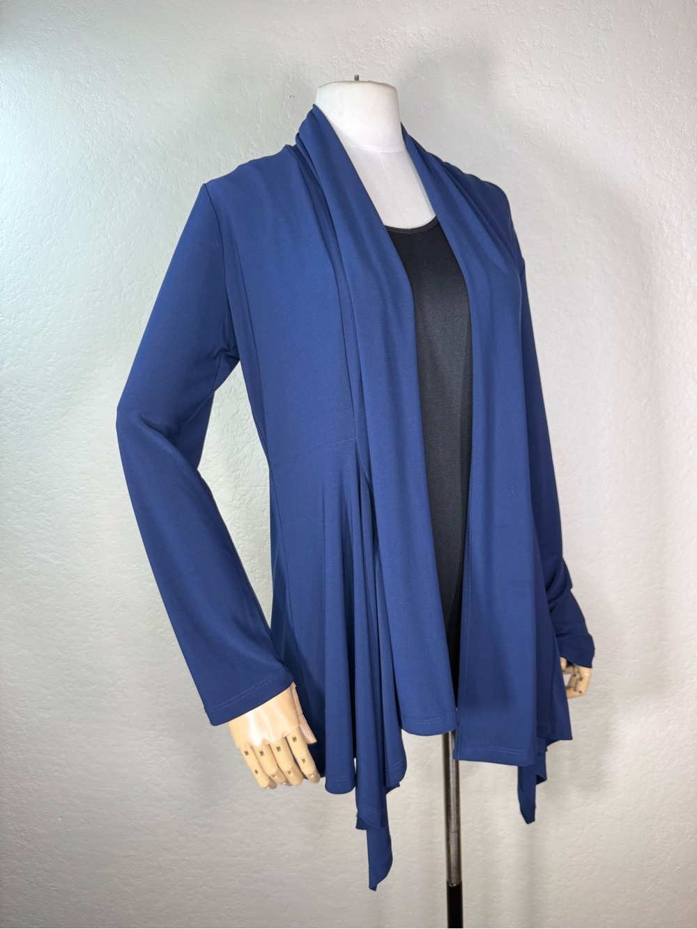 Clara Sun Woo Open Front Navy Stretchy Drapy Cardigan Sweater Top Size Large